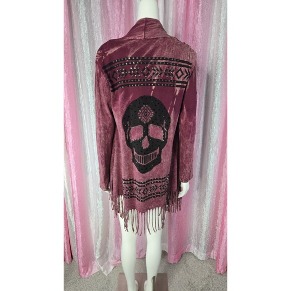 Vocal Skull Crystal Maroon Aztec Fringe Cotton Cardigan Jacket Size Medium - Picture 9 of 16
